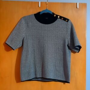 Michael Kors Black and White Herringbone Short Sleeve Sweater